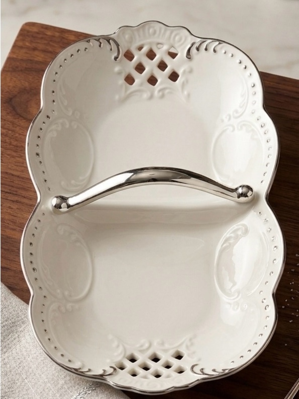 Vintage 1920s Noritake Japan Retuculated Handled Dish Porcelain White Silver